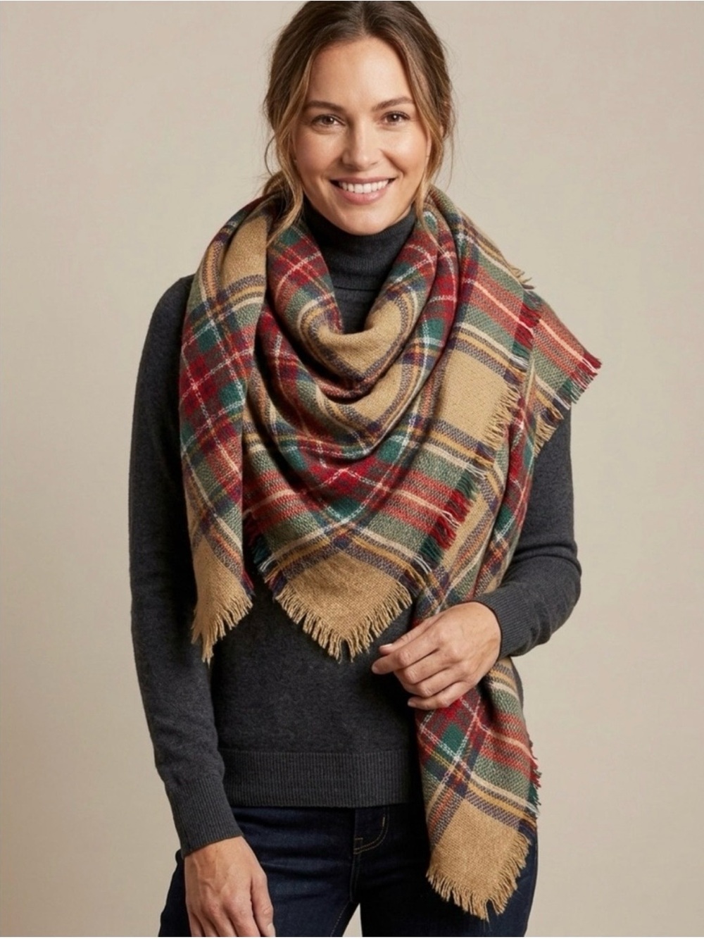 Oversized Plaid Blanket Scarf Wrap Shawl Tan Red Green Tartan Fringe
